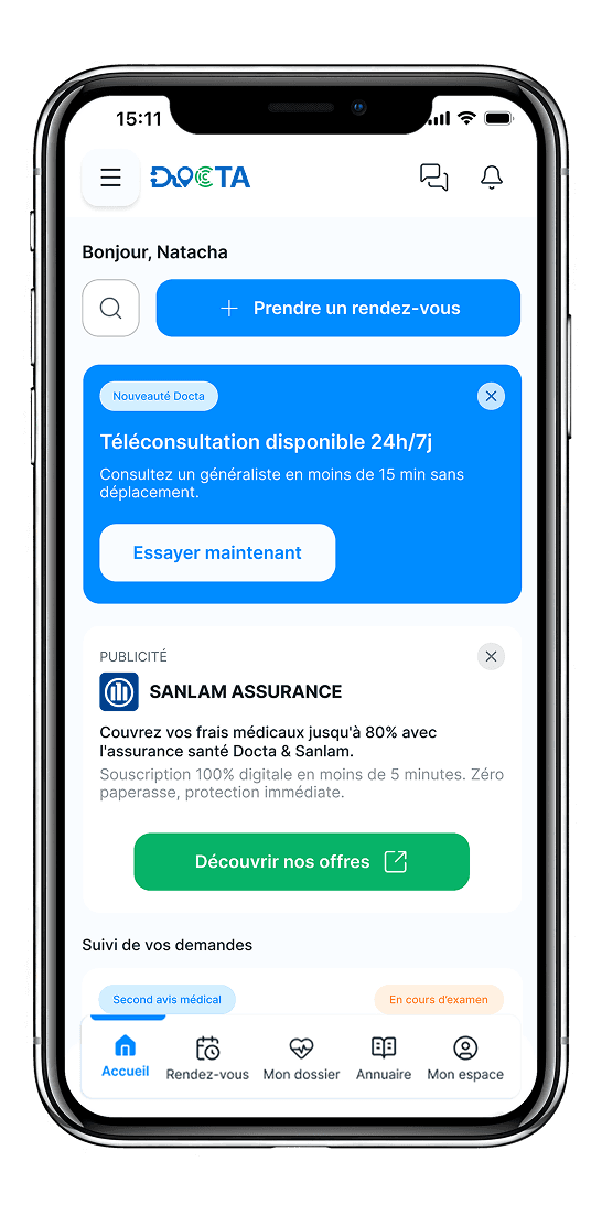 Application Docta — écran d'accueil