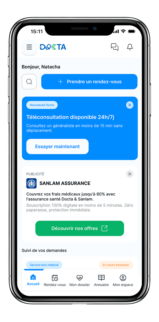 Application Docta — écran d'accueil