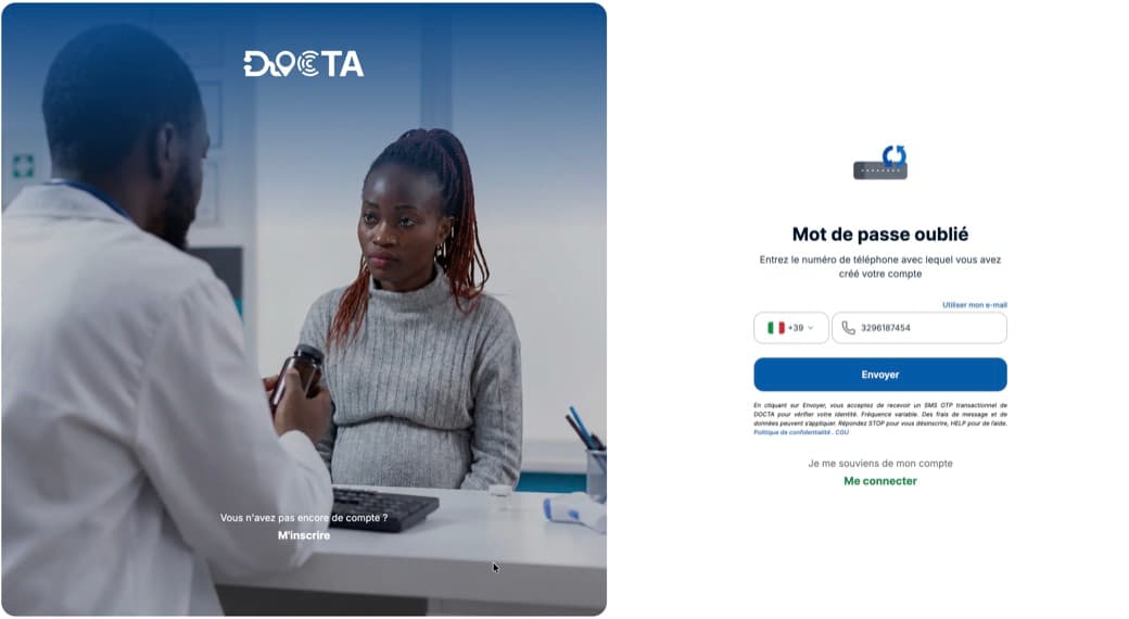 Mentions de consentement SMS affichées sous le bouton d'envoi dans DOCTA